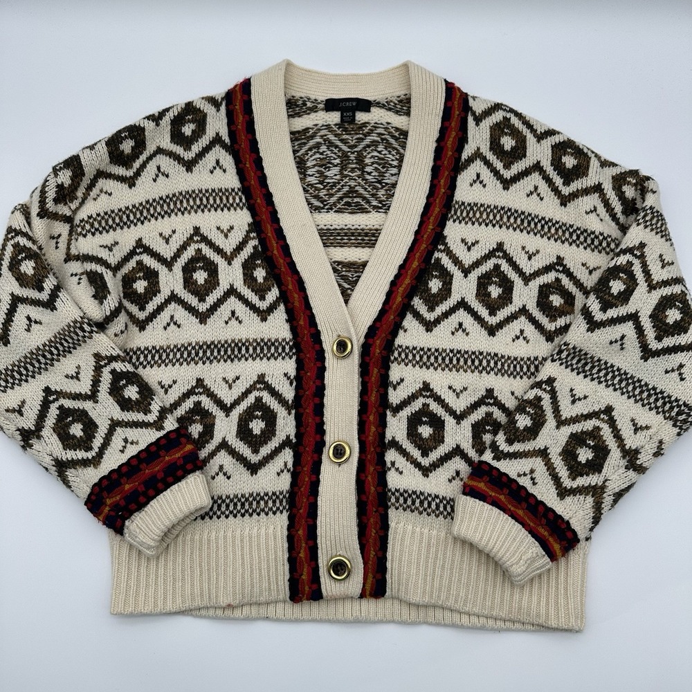 J.Crew Nordic Diamond Fair Isle Lambswool Blend Boxy Cream Cardigan Sweater XXS